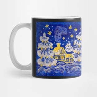 Christmas picture - winter landscape with golden houses and silver fir-trees on blue background Mug